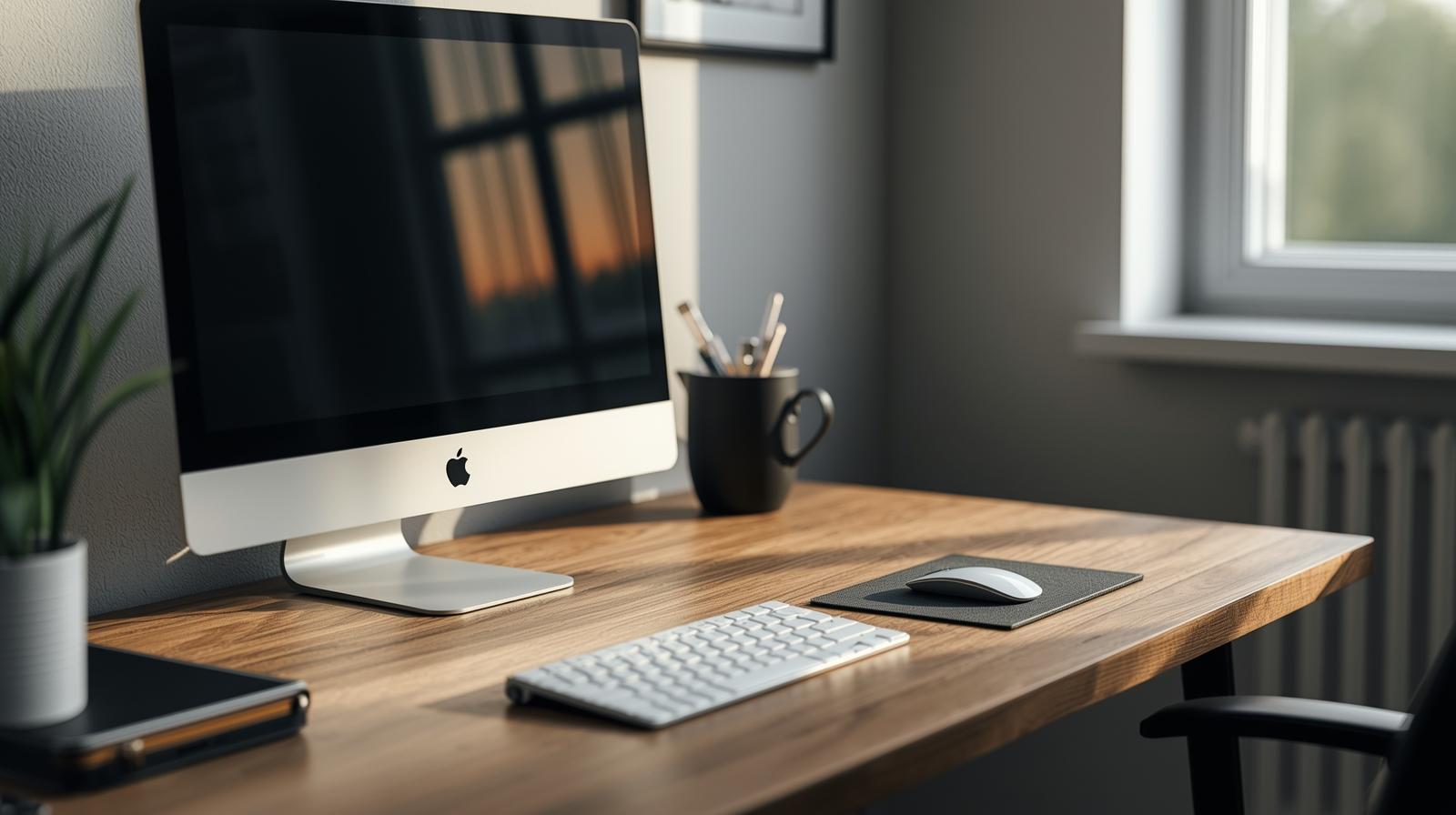 A picture of a MAC computer and desk with a keyboard and small pencil holder on it.
