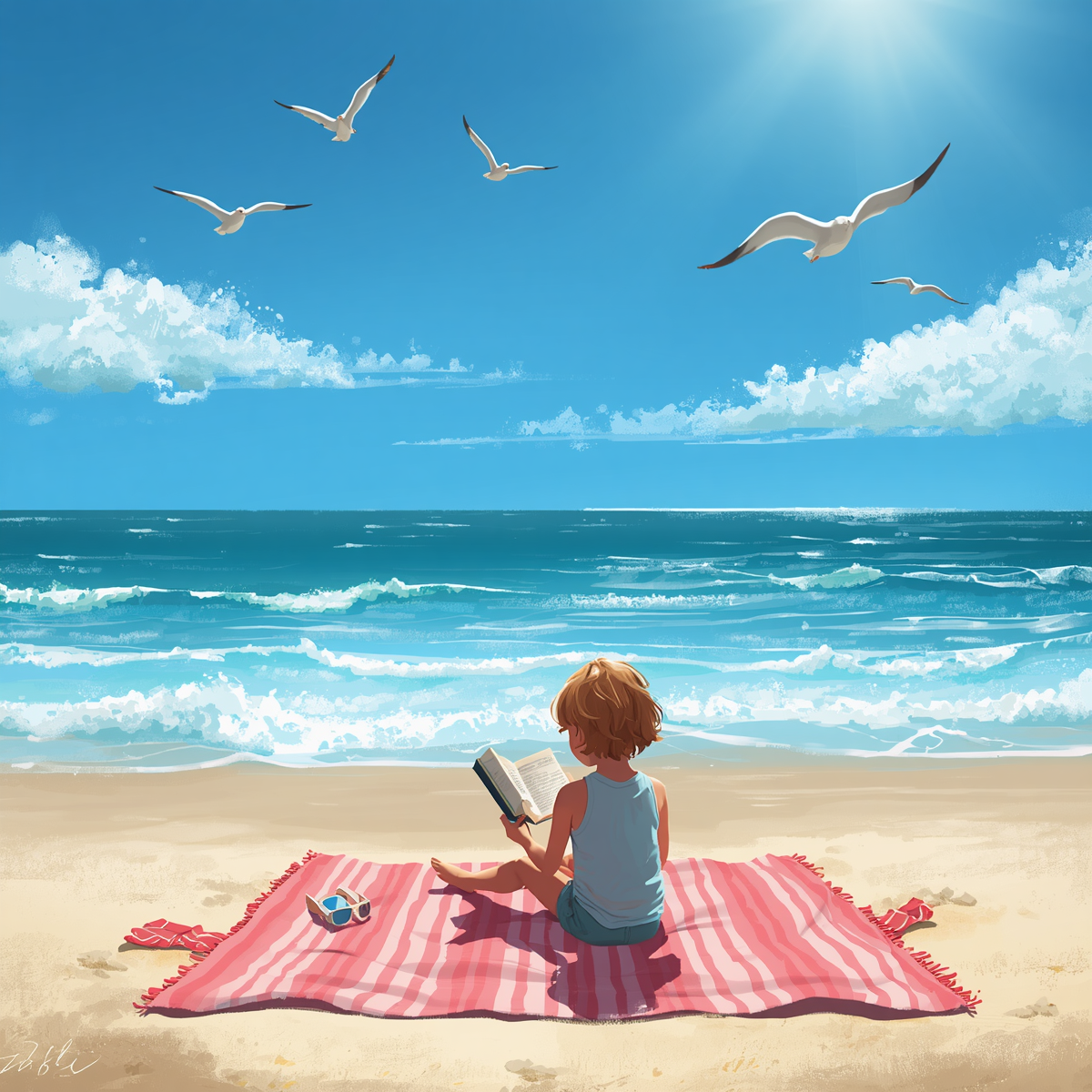 Young child sitting on a beach towel reading a book at the beach with seagulls flying over head.